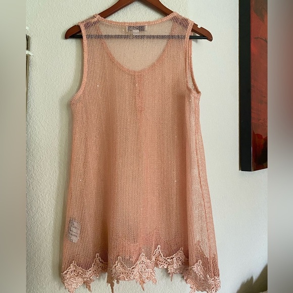 Simply Noelle Peach Mesh Sparkling Sequin Beach Cover-Up Sleeveless Top S/M - Picture 6 of 8